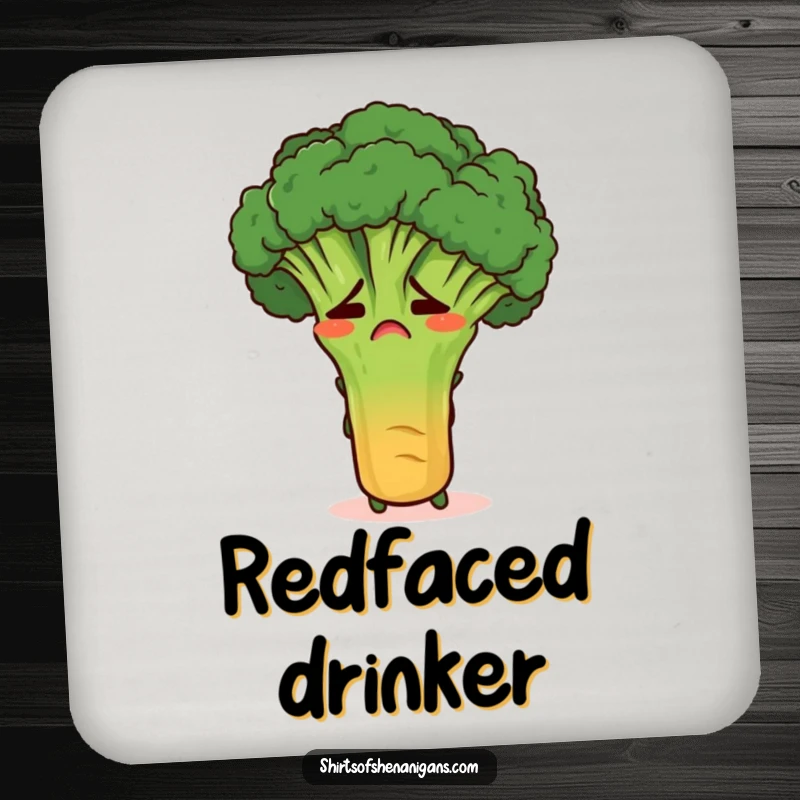 Funny embarrassed broccoli hiding behind a carrot on drink coasters, providing humorous protection for surfaces.