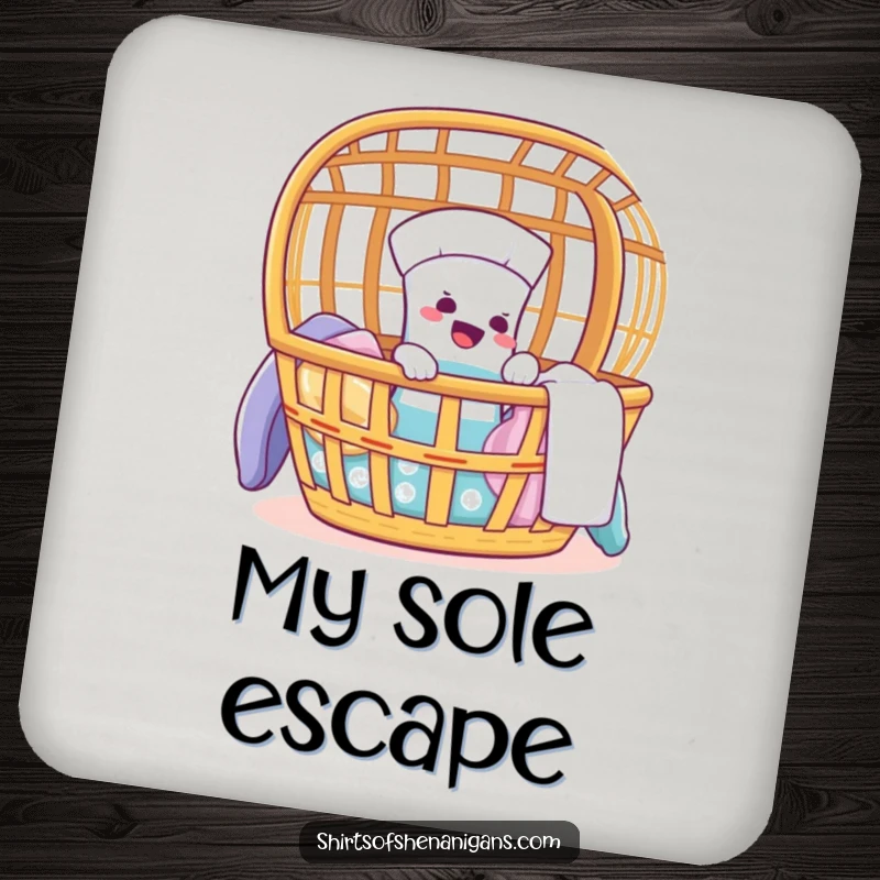 Funny drink coaster featuring a giggling sock trying to escape from a laundry basket.