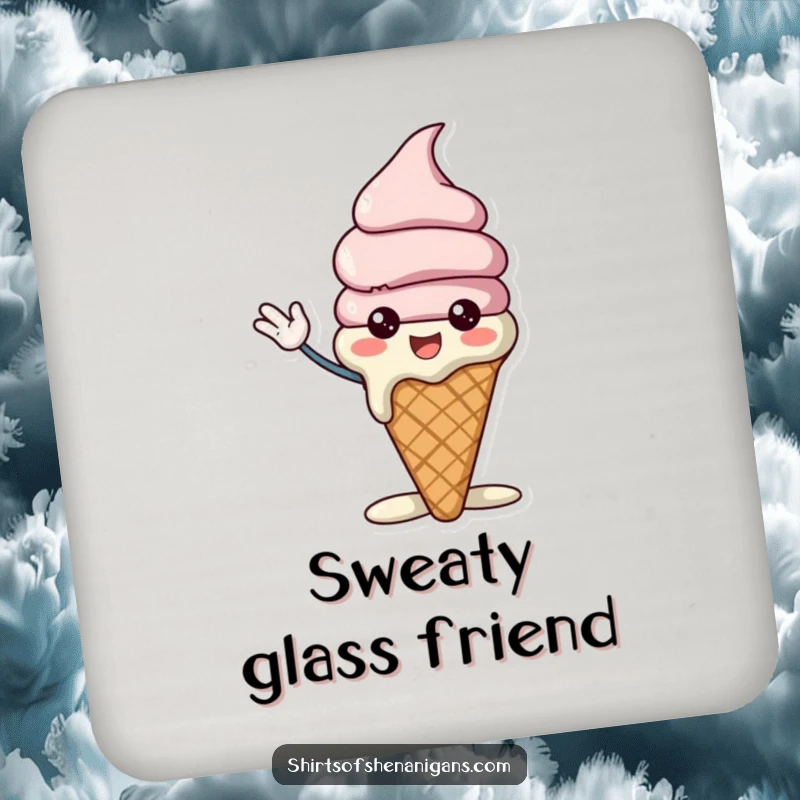 Funny ice cream cone coaster featuring a cheerful character slightly melting while waving excitedly, protecting surfaces with sweet humor.