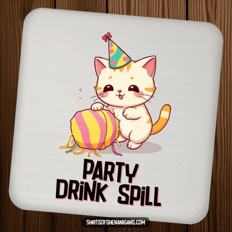 Funny drink coaster with a cat in a party hat accidentally knocking over a piñata.