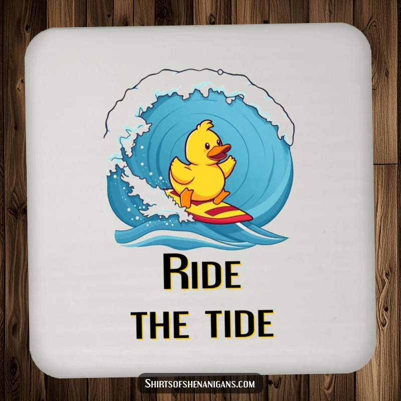 Funny drink coaster, a determined rubber duck surfing a giant wave, protecting surfaces with aquatic humor.