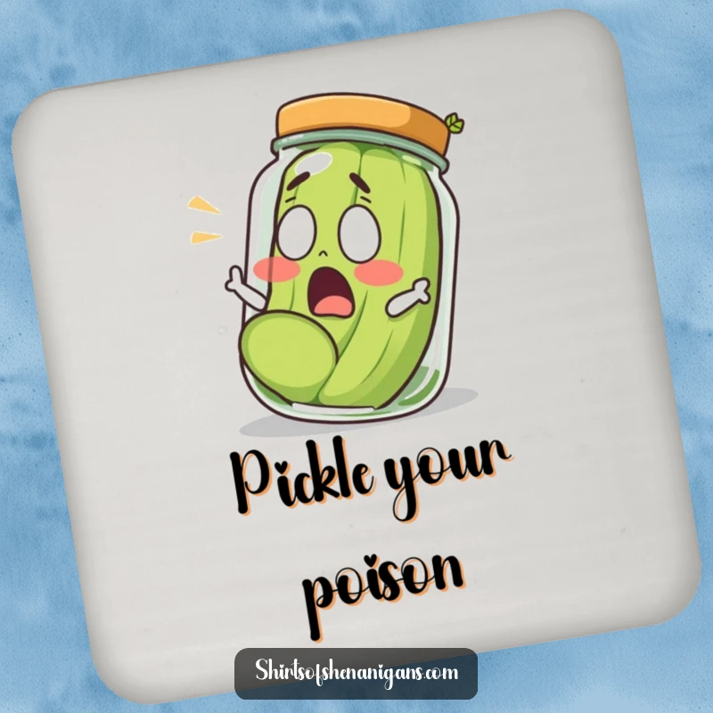 Funny shocked pickle rolling out of a jar, with a surprised expression, on a protective drink coaster.