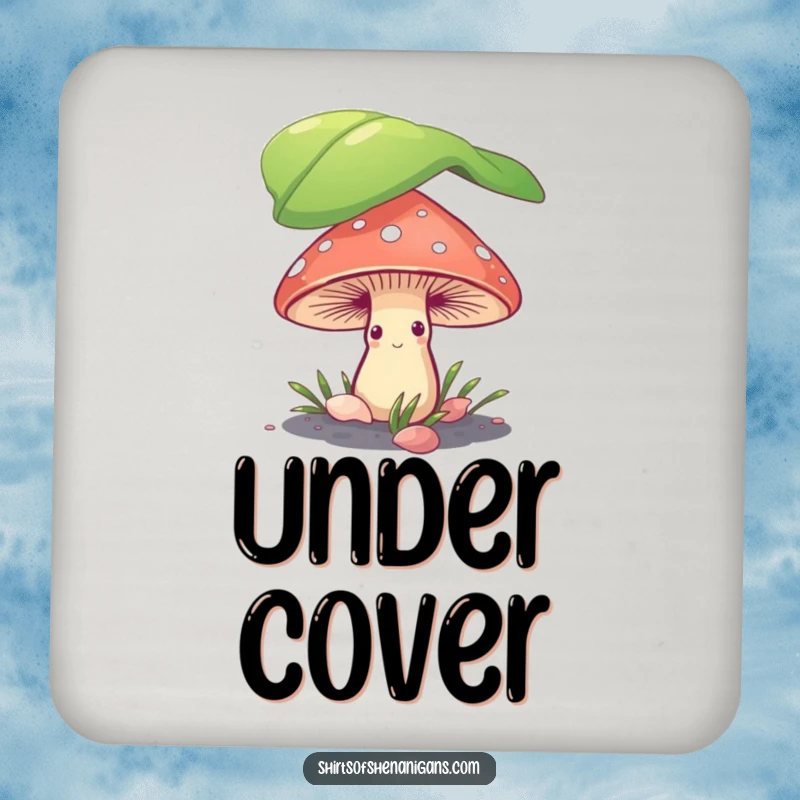 Funny shy mushroom design on durable drink coasters, offering humorous protection for tables and surfaces.