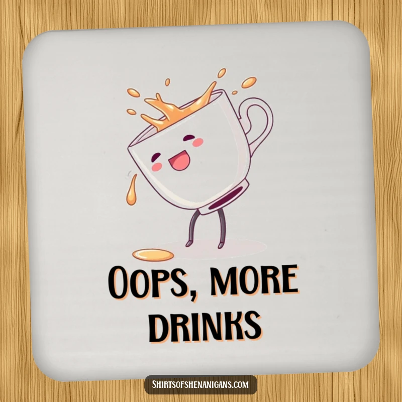 Funny drink coasters featuring a teacup doing a cartwheel and spilling, adding playful energy to tables.