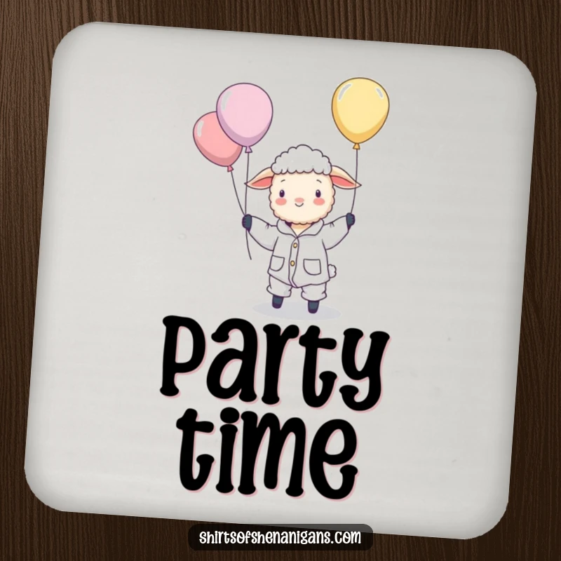 Funny drink coaster with a sheep in pajamas comically herding floating balloons, adding a touch of dreamy charm to surfaces.