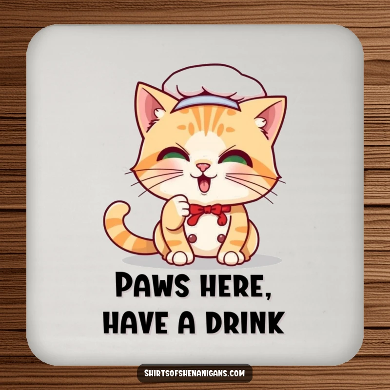 Funny Cat Chef Coaster: Playful cat batting whisker, a fun and functional drink accessory for cat enthusiasts.
