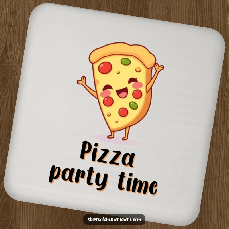 Funny drink coaster featuring a smiling pizza slice doing a cartwheel, ideal for pizza lovers and a perfect funny gift.