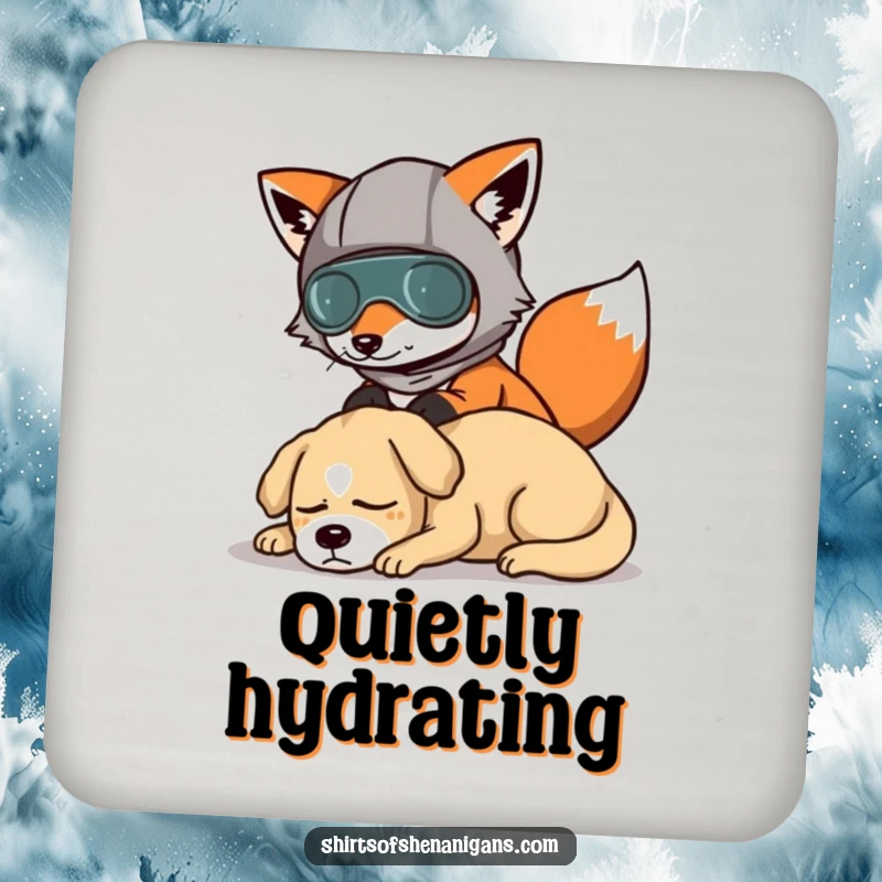 Funny drink coasters featuring a fox in a disguise, humorously sneaking past a dog, protecting surfaces.