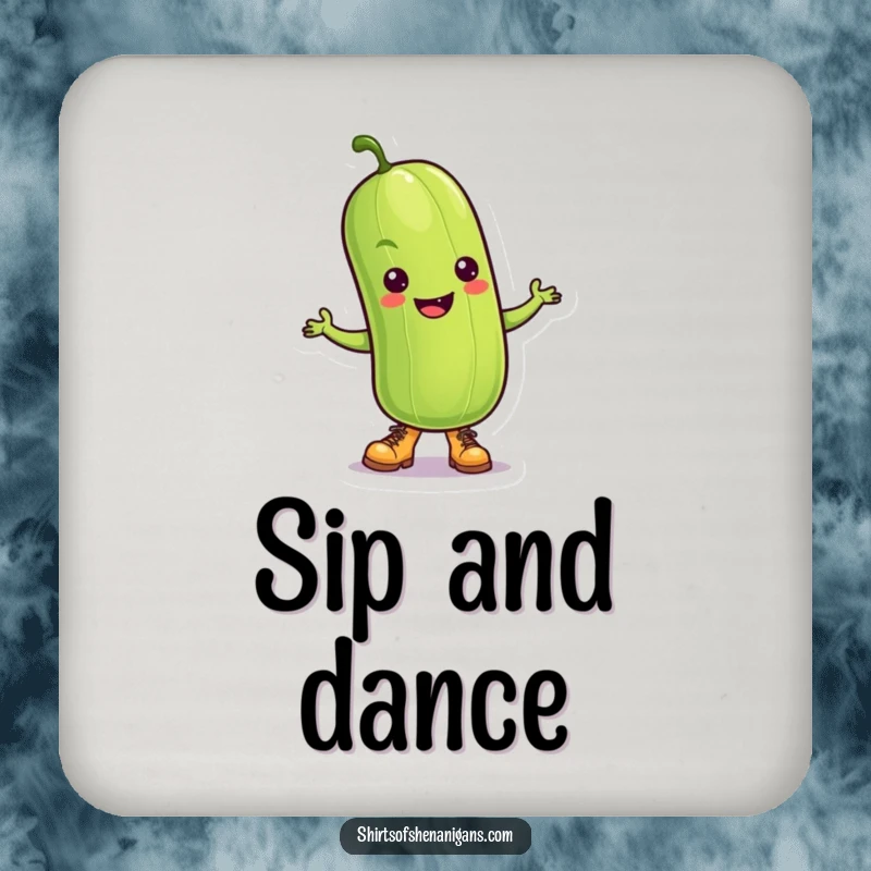 Funny Pickle Coaster: A dancing pickle wearing tiny boots, protecting surfaces with a humorous and groovy vibe.