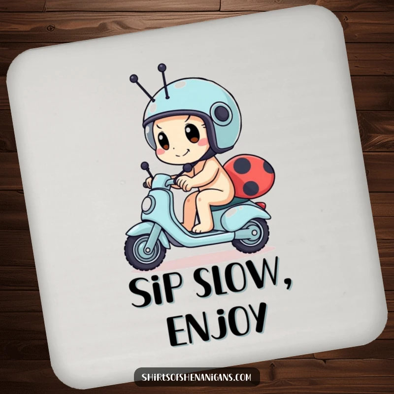 Funny snail coaster featuring a determined snail wearing a tiny helmet, racing a ladybug scooter, adding humor to tables.