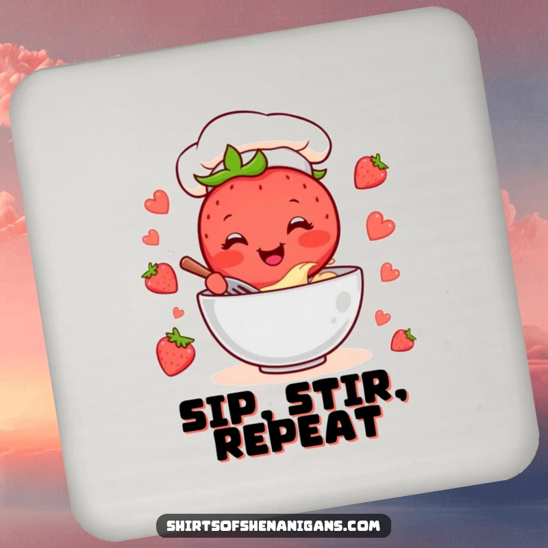 Funny Strawberry Chef Coaster: Cheerful baking strawberry character mixing batter, a fun and functional drink accessory.