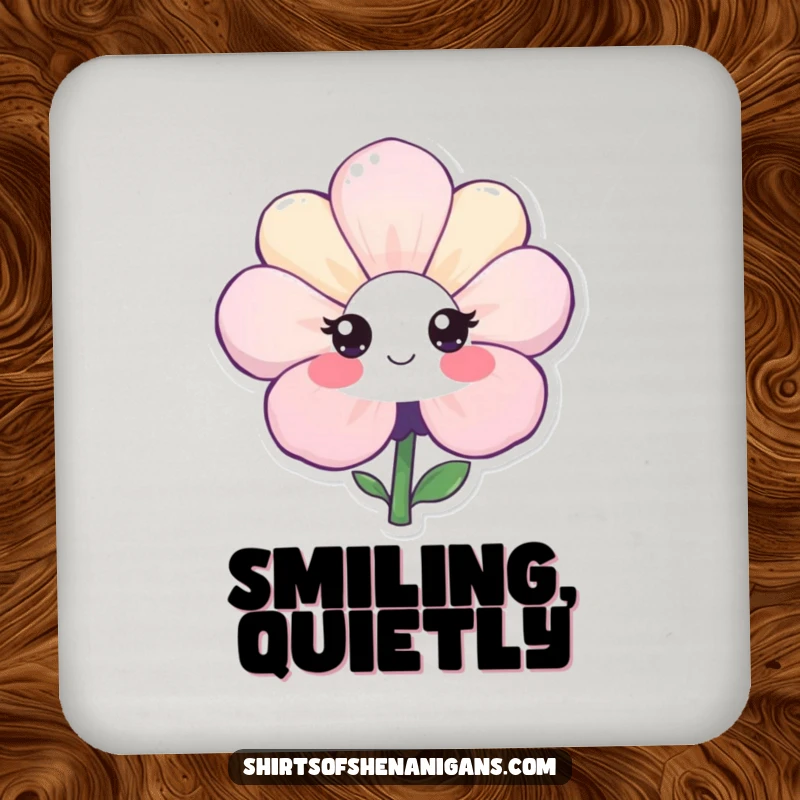 Funny coaster set showcasing shy flowers with gentle smiles, protecting surfaces with a touch of understated, sweet humor.