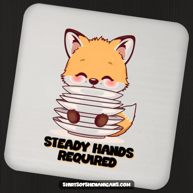 Funny Drink Coasters: A cute fox cub balancing a stack of plates on its nose, offering charming protection for furniture.