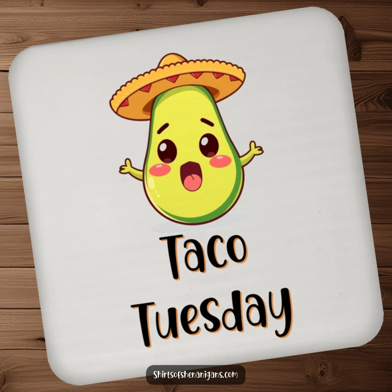 Funny drink coaster featuring a surprised avocado in a sombrero, ideal for fiesta lovers and a perfect funny gift.