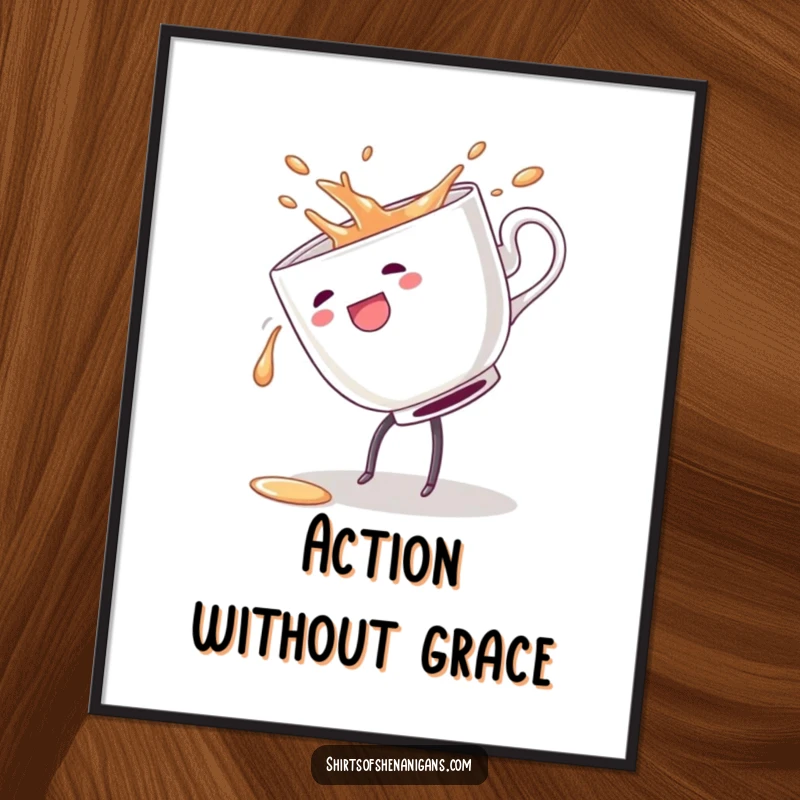 Funny poster illustration of a teacup performing a cartwheel and spilling its contents, capturing dynamic, clumsy energy.