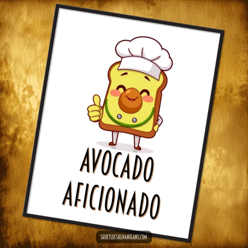 Funny smiling avocado toast chef giving a thumbs up, presented as vibrant wall art, adding a humorous touch to any room.