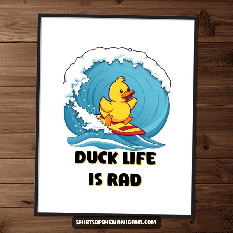 Funny poster, a determined rubber duck surfing a colossal wave, showcasing extreme sports humor and aquatic adventure.