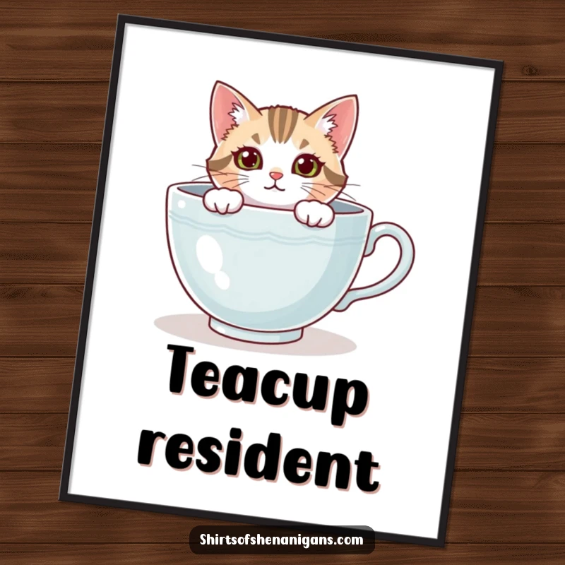 Funny cat poster depicting a curious feline peeking from a huge teacup, radiating cozy charm. A great funny gift artwork.