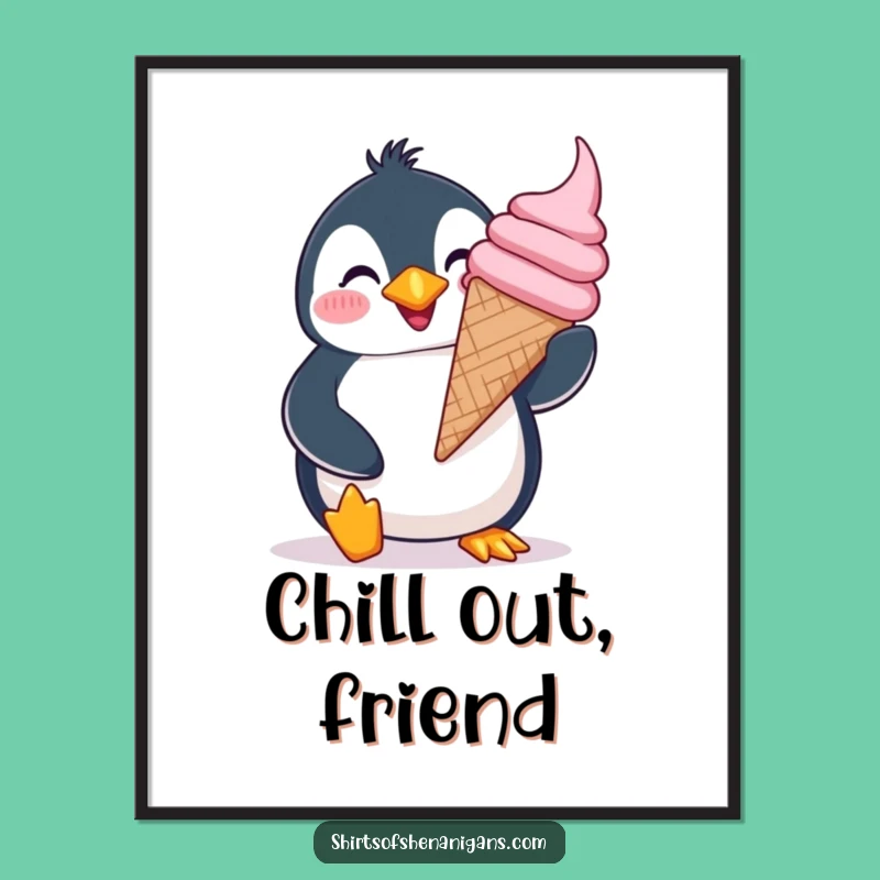 Funny Giddy Penguin Poster - Joyful Ice Cream Art for Happy Spaces