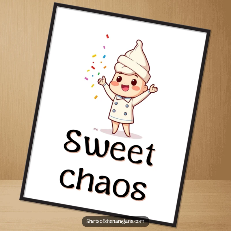 Funny ice cream cone chef poster displaying a happy character juggling a colorful assortment of sprinkles.