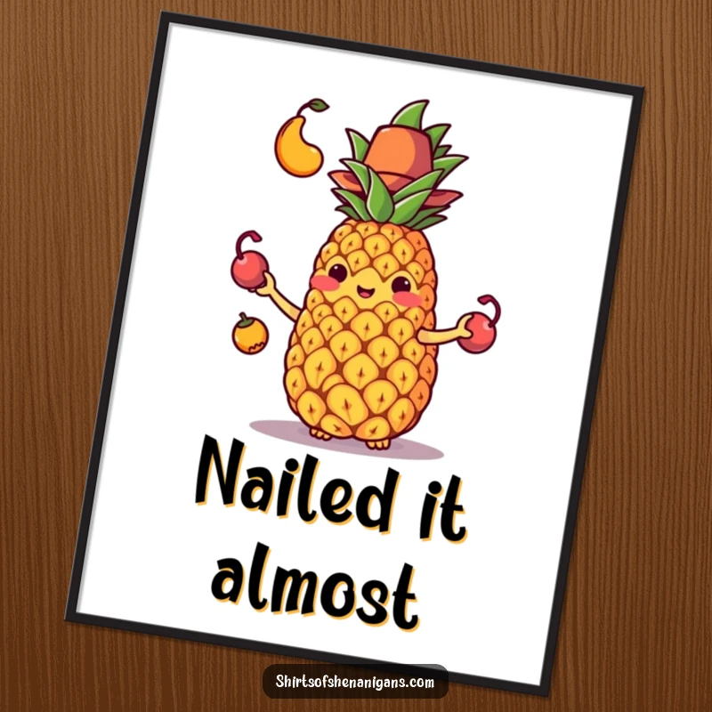 Funny poster print of a pineapple attempting to juggle fruit while wearing a tiny hat, comically dropping everything.