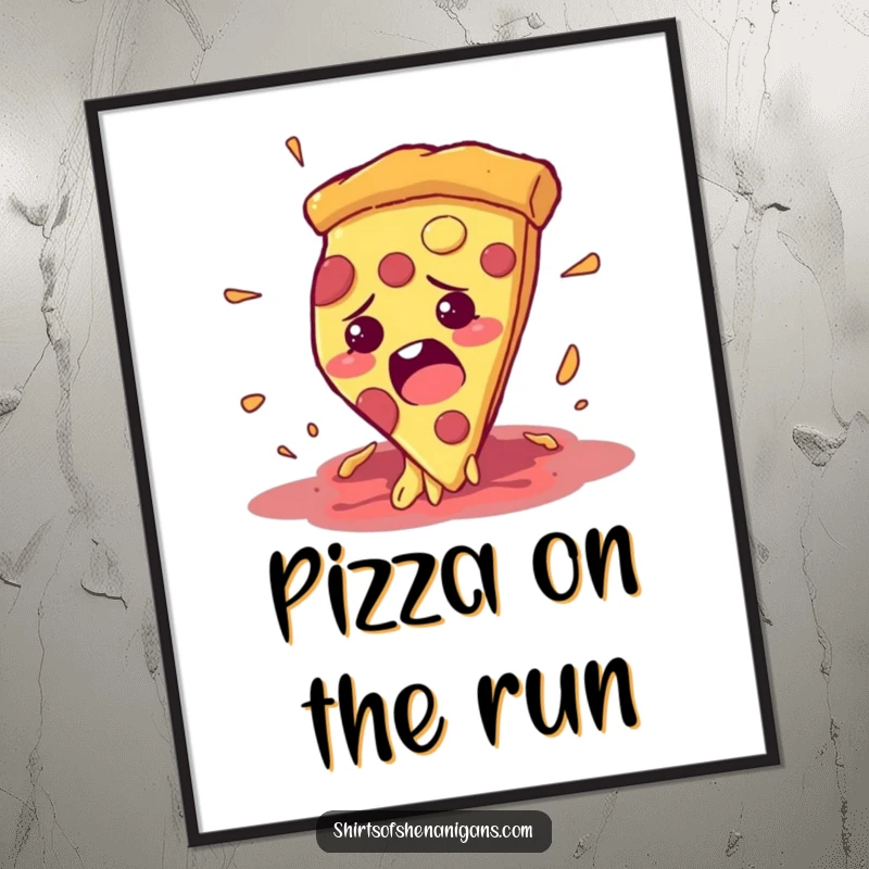 Funny poster featuring a bewildered pizza slice attempting to escape a hungry mouth, a comical food illustration.