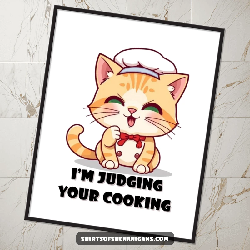 Funny Cat Chef Poster: Playful cartoon cat batting whisker, charming and humorous wall art.