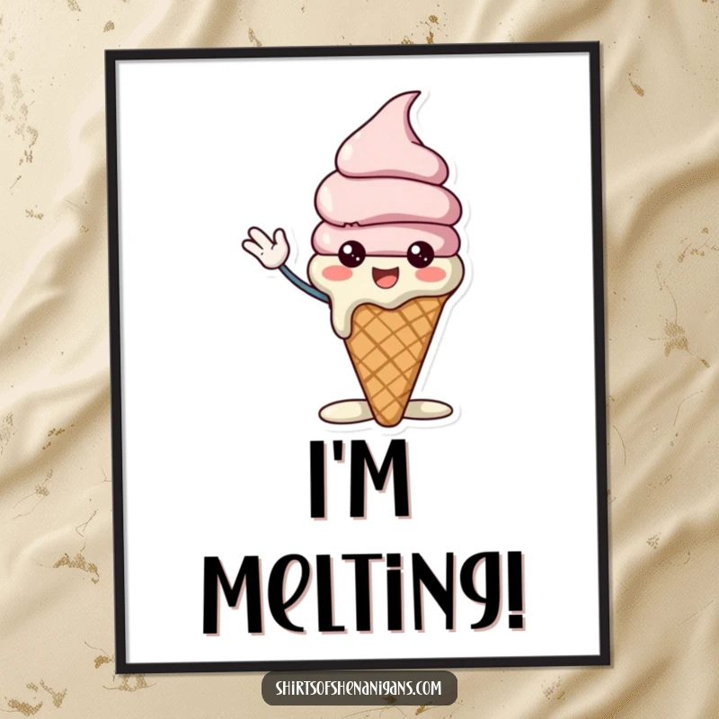 Funny ice cream cone art print of a cheerful character slightly melting while waving excitedly, perfect for sweet and humorous decor.