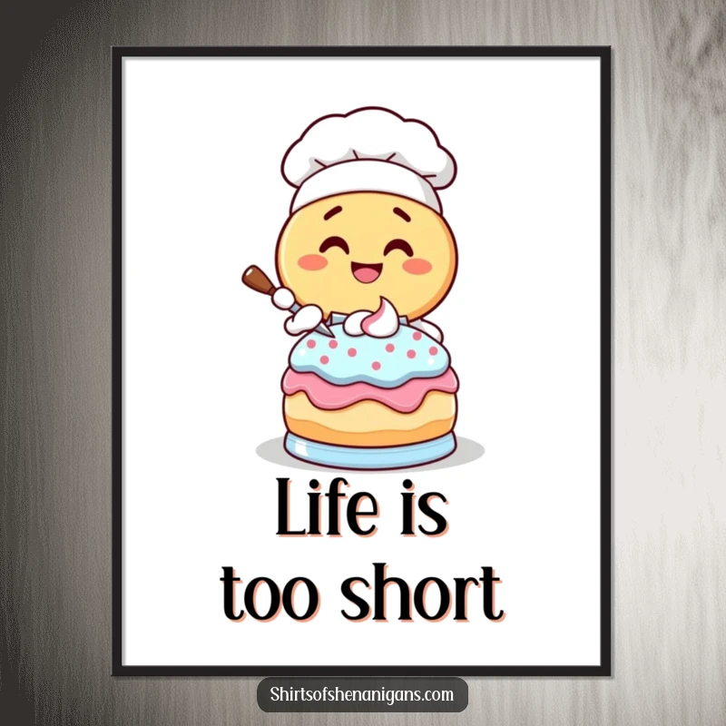 Funny Donut Chef Poster: Giggling cartoon donut character frosting a cake, vibrant and humorous wall art.