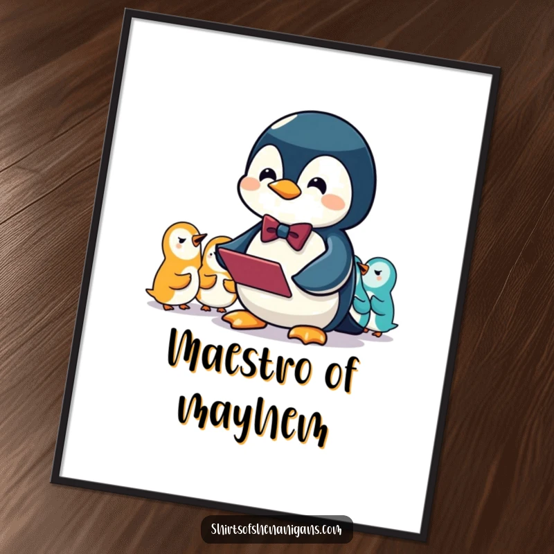 Funny poster depicting a penguin in a bowtie conducting a chaotic yet charming orchestra of squeaks, a humorous art piece.