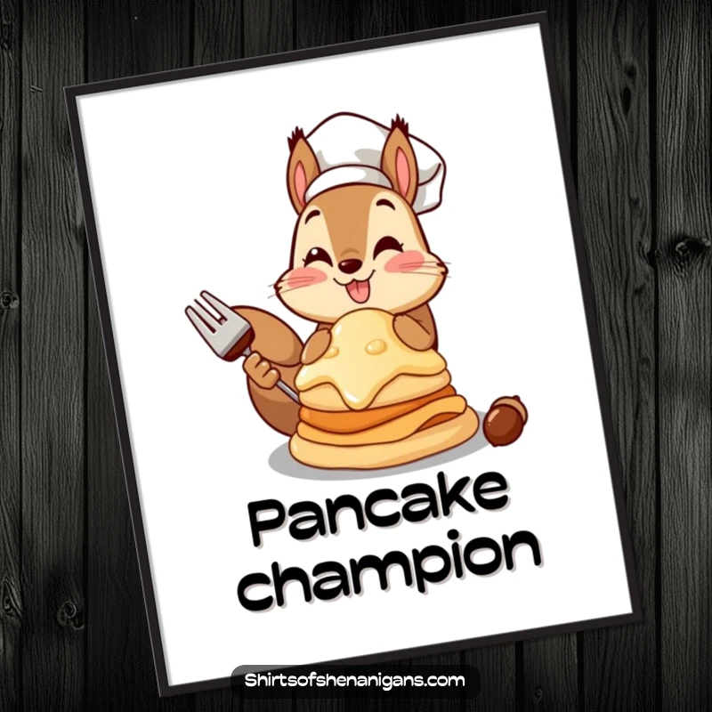 Funny squirrel chef poster displaying a proud squirrel presenting an enormous acorn pancake, perfect for kitchen decor.