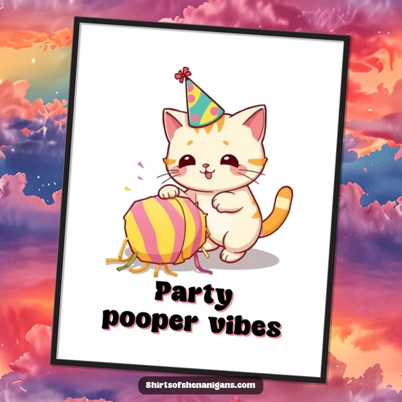 Funny poster print of a cat wearing a party hat and accidentally knocking over a piñata, festive mishap.