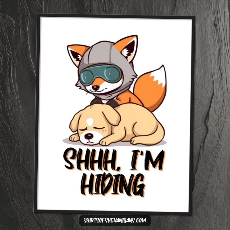 Funny poster showing a fox wearing a comical disguise, sneaking past a sleeping dog, a humorous wall decor piece.