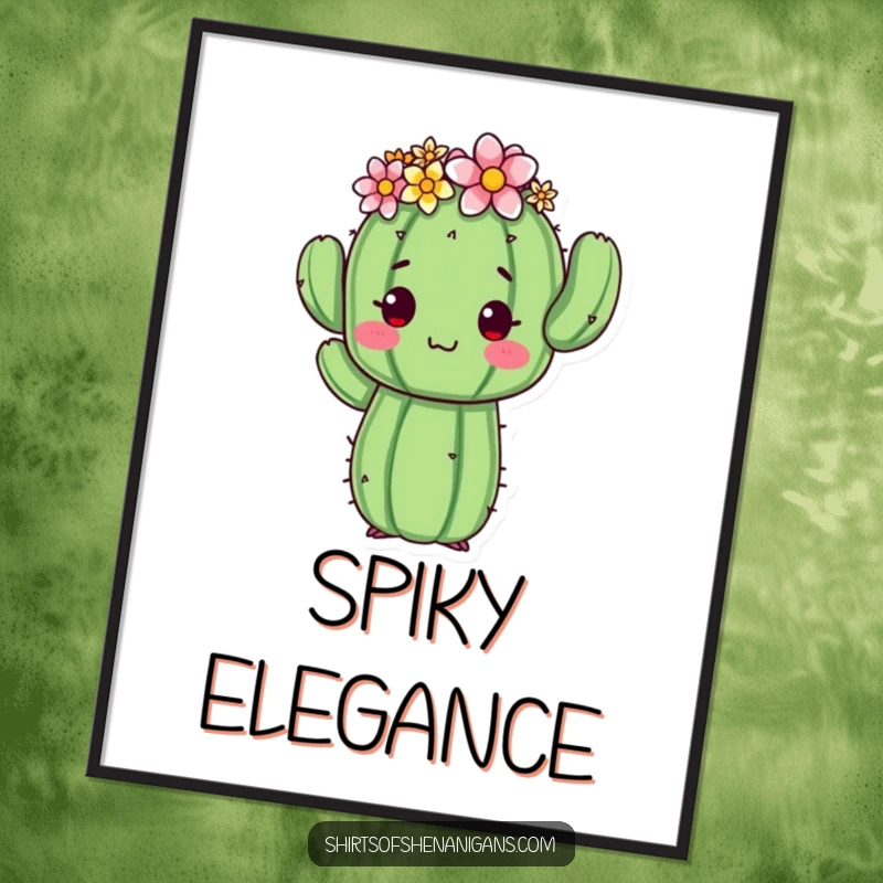 Funny cactus poster showcasing a proud cactus with a tiny flower crown striking an awkward pose, perfect for humorous wall decor.