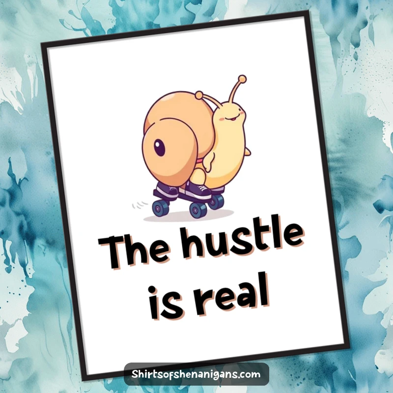 Funny snail character on roller skates, captured in a dramatic race moment, presented as vibrant wall art poster.