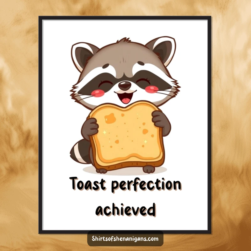 Funny Poster: Delighted raccoon proudly holds a burnt slice of toast, perfect for whimsical kitchen decor.