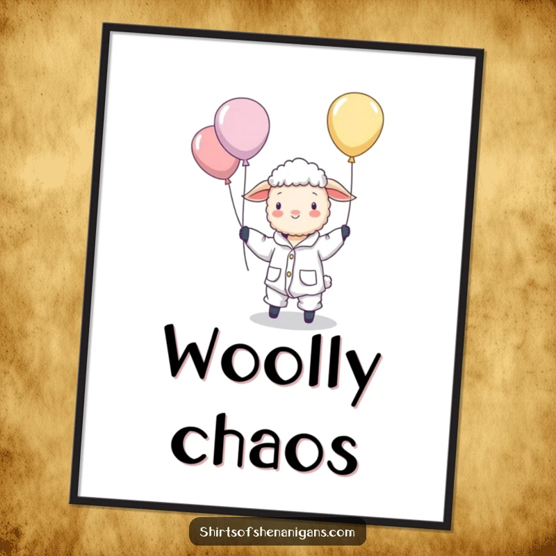 Funny poster art of a sheep in pajamas hilariously trying to herd a cluster of floating balloons, evoking a dreamy, surreal vibe.