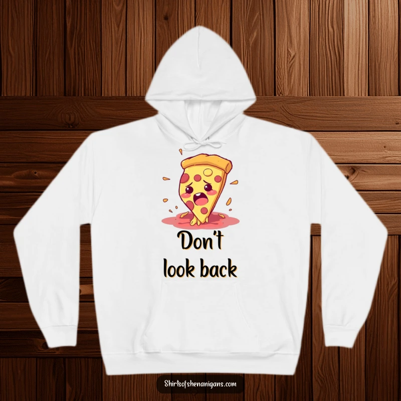 Funny hoodie depicting a pizza slice comically fleeing from a hungry mouth, perfect for foodies.
