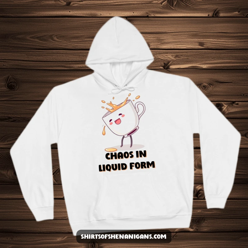 Funny hoodie featuring a teacup in a cartwheel, spilling its drink, symbolizing playful chaos and cozy mishap humor.