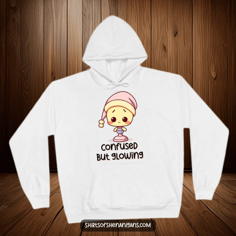 Funny Lamp Hoodie: A confused lamp wearing a nightcap, embodying the spirit of cozy confusion and rest.
