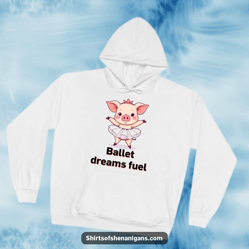 Funny pig hoodie featuring a pig in a tutu attempting a ballet pose, perfect for warm, humorous comfort.