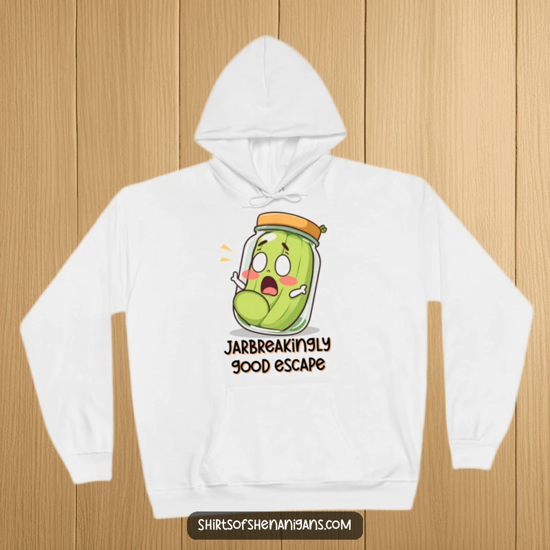 Funny shocked pickle leaping out of a glass jar, expressing disbelief on a soft, warm hoodie.