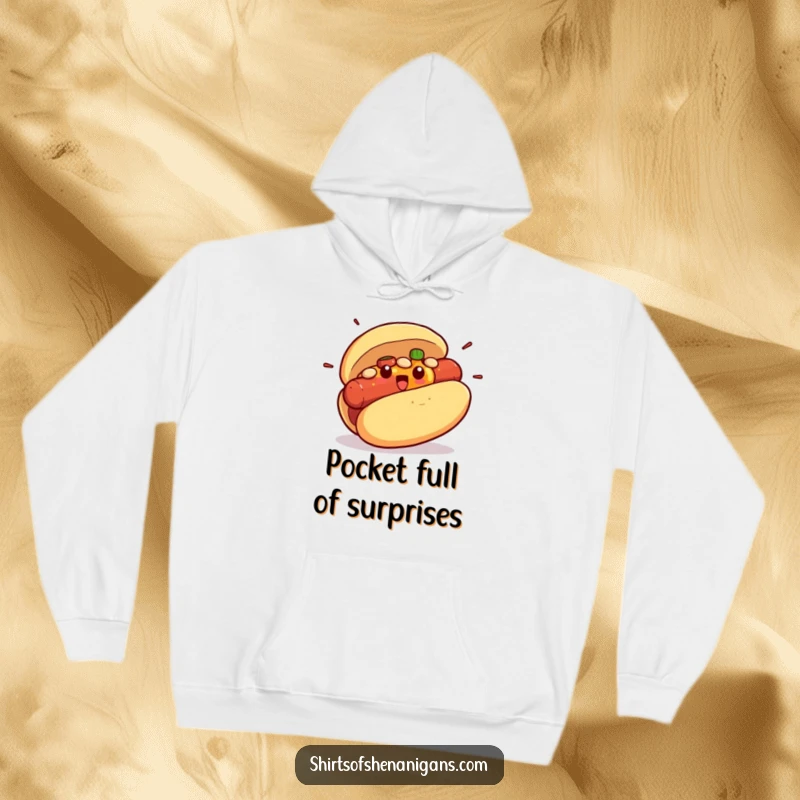 Funny hoodie depicting a shocked hot dog bun about to spill its surprised condiment filling, a hilarious apparel item.