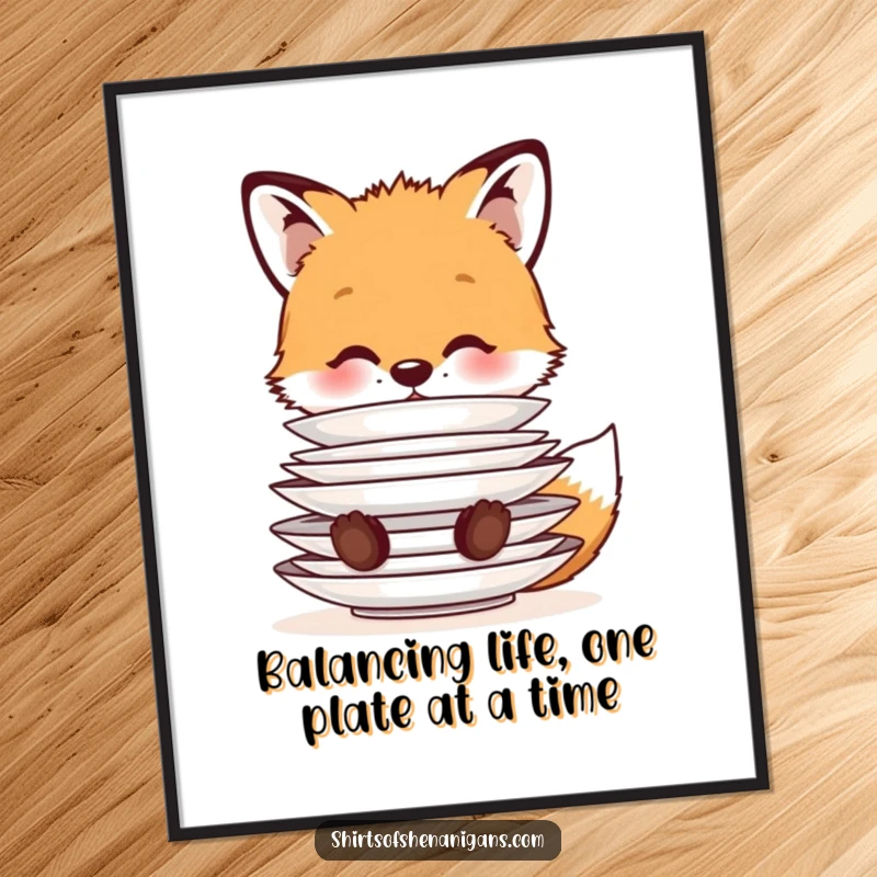 Funny Free Printable Wall Art: Cute fox cub balancing a stack of plates on its nose, whimsical art.