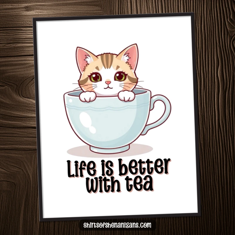 Funny Free Printable Wall Art: A curious cat's face emerges from a giant, plush teacup, looking endearingly inquisitive.