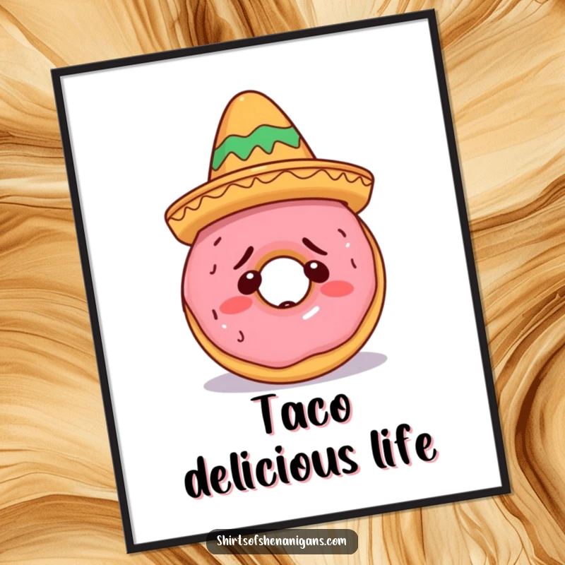 Funny Free Printable Wall Art: A confused doughnut wearing a tiny sombrero, playful and colorful. Downloadable art.
