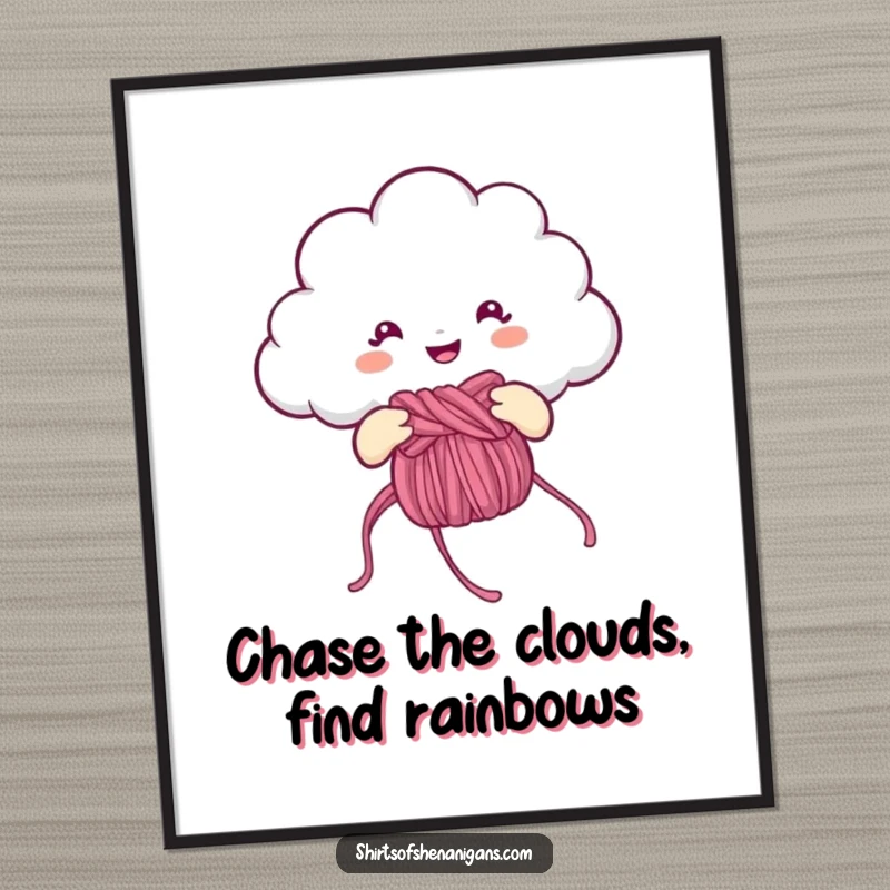 Funny Free Printable Wall Art: A cheerful cloud is diligently knitting a vibrant, flowing rainbow with colorful yarn.