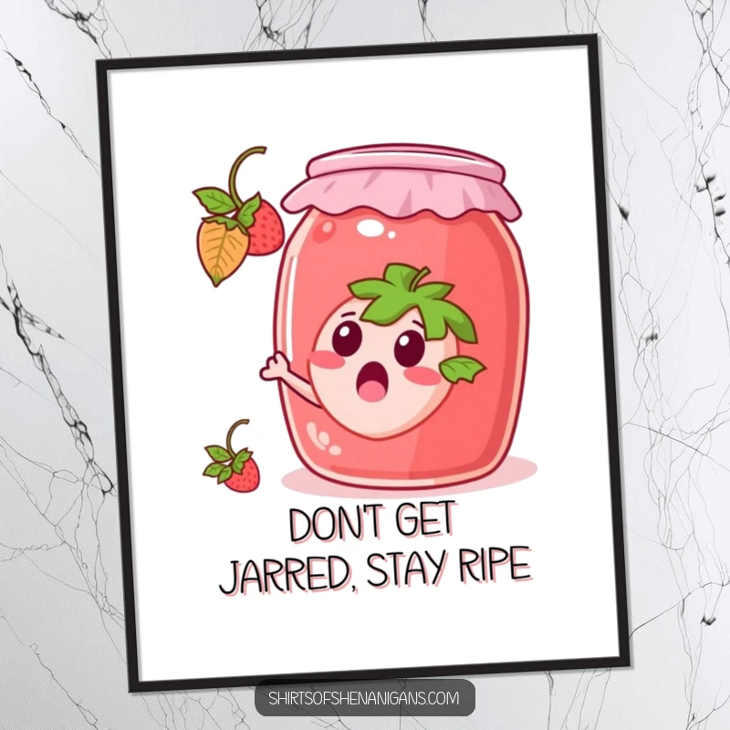 Funny Free Printable Wall Art: A surprised strawberry fruit frantically attempts to escape from a huge, transparent jam jar.