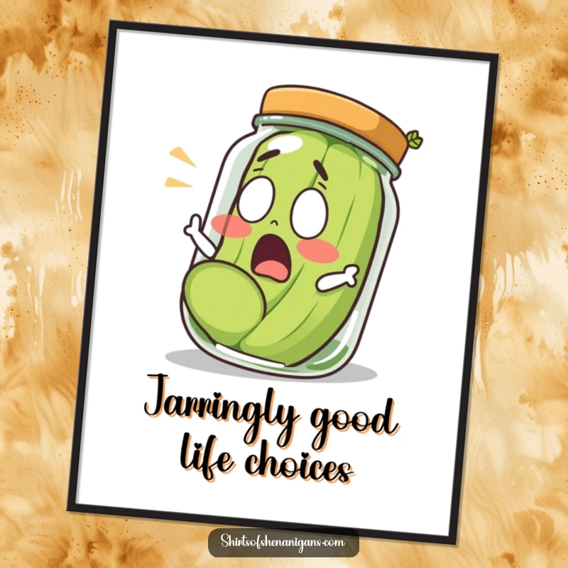 Funny Free Printable Wall Art: A shocked pickle dramatically rolling out of a jar, creating a humorous and eye-catching piece.