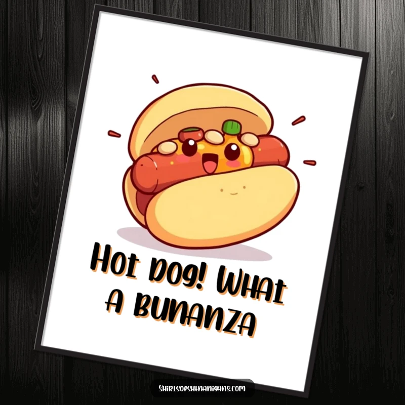 Funny Free Printable Wall Art: A surprised hot dog bun with a startled condiment filling, a humorous food-themed piece.
